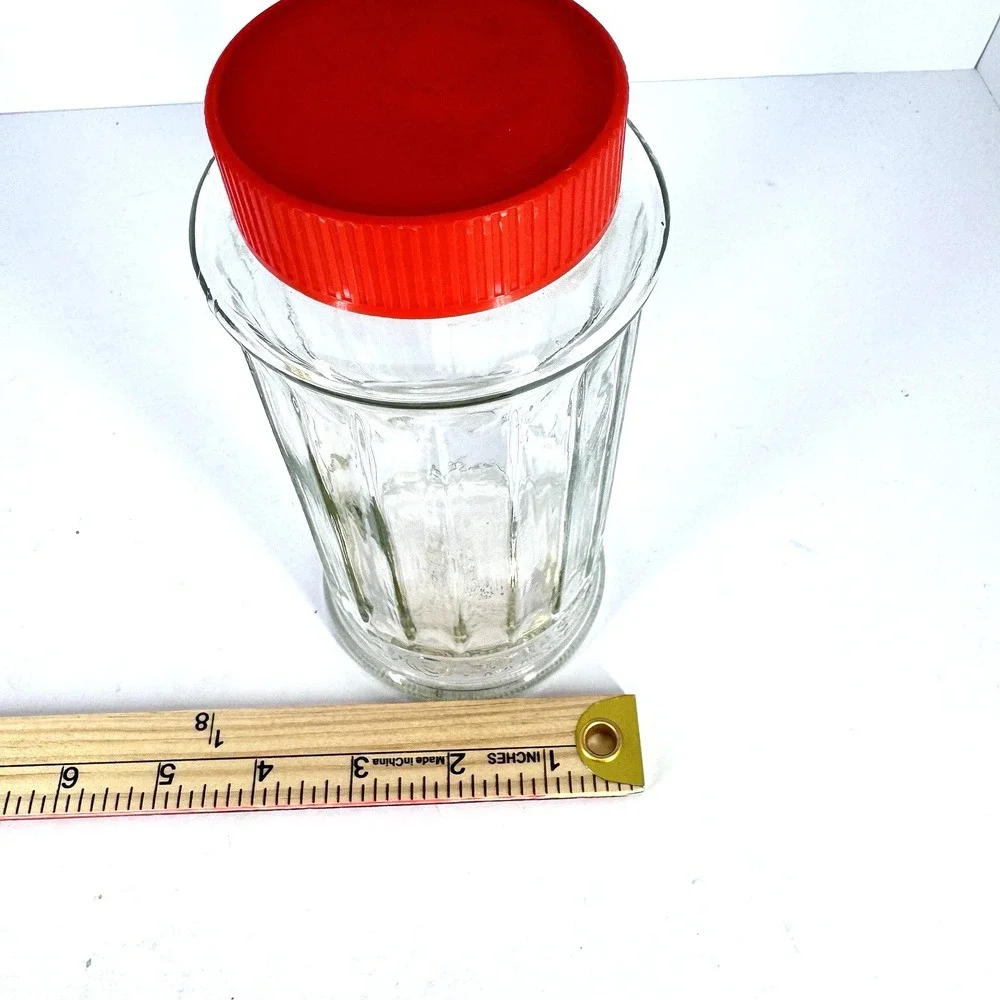 NutraSweet Clear Glass Storage Jar Canister Red Screw Lid‎ Ribbed Sides Vintage